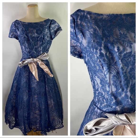 Vintage Dresses & Skirts - Vintage 1950s? Blue Floral Lace Net Crinoline Short Sleeve Overlay Dress Cupcake